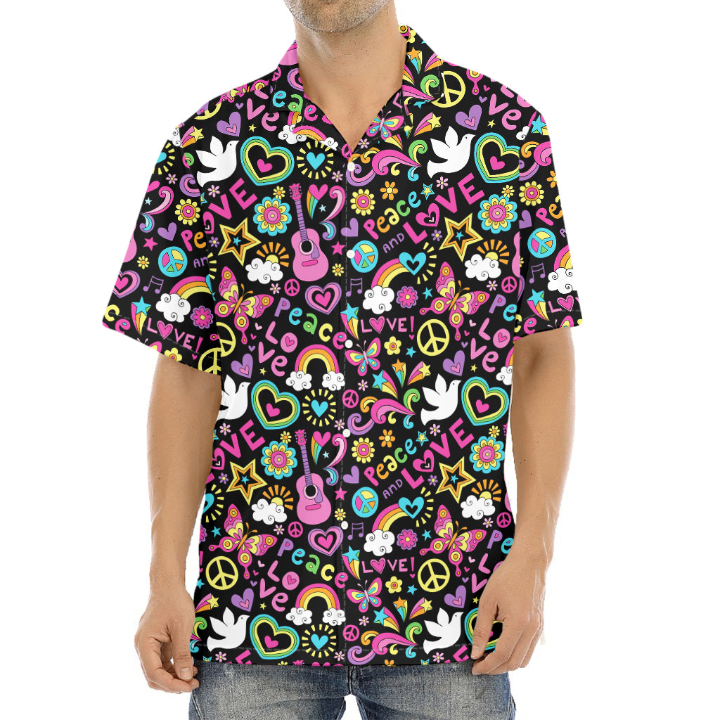 Hippie Peace Sign And Love Pattern Print Aloha Shirt