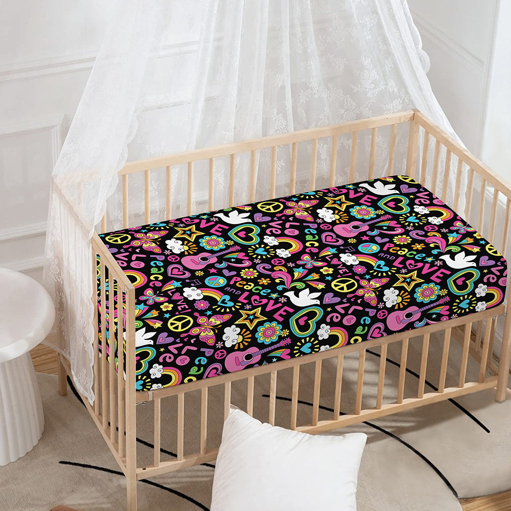 Hippie Peace Sign And Love Pattern Print Baby Crib Sheet