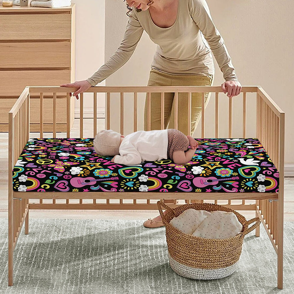Hippie Peace Sign And Love Pattern Print Baby Crib Sheet