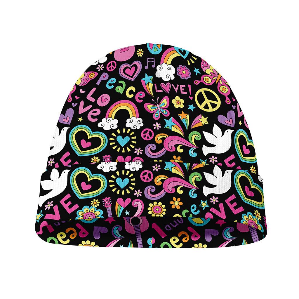 Hippie Peace Sign And Love Pattern Print Beanie