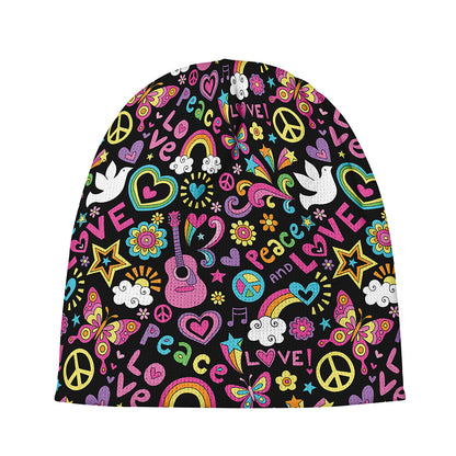 Hippie Peace Sign And Love Pattern Print Beanie