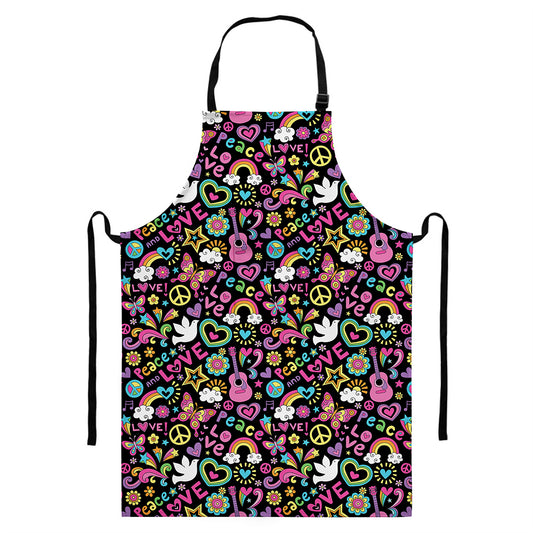 Hippie Peace Sign And Love Pattern Print Bib Apron With Pocket