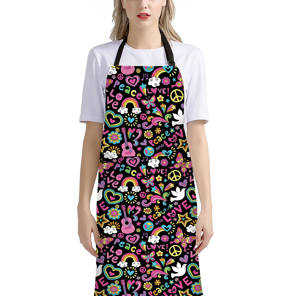 Hippie Peace Sign And Love Pattern Print Bib Apron With Pocket