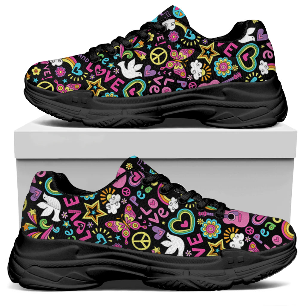 Hippie Peace Sign And Love Pattern Print Black Chunky Shoes
