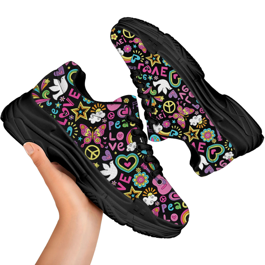 Hippie Peace Sign And Love Pattern Print Black Chunky Shoes