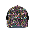 Hippie Peace Sign And Love Pattern Print Black Mesh Trucker Hat