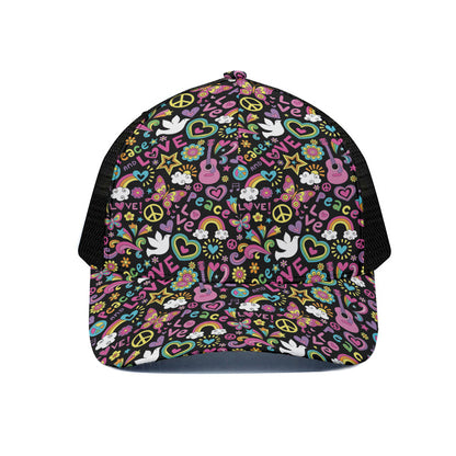 Hippie Peace Sign And Love Pattern Print Black Mesh Trucker Cap