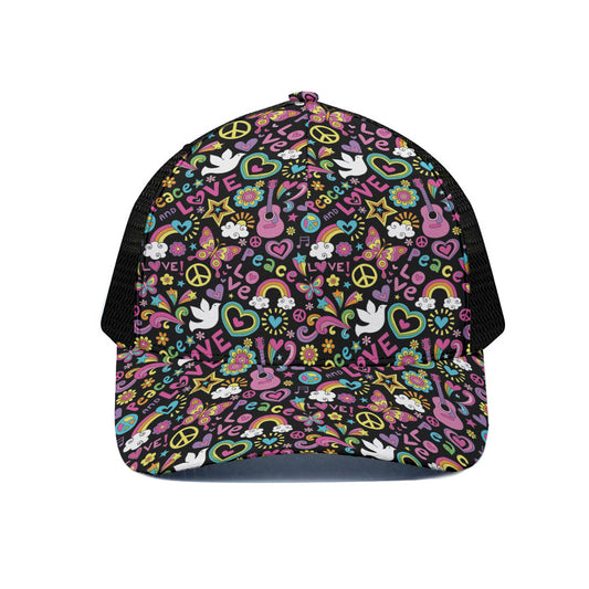 Hippie Peace Sign And Love Pattern Print Black Mesh Trucker Cap