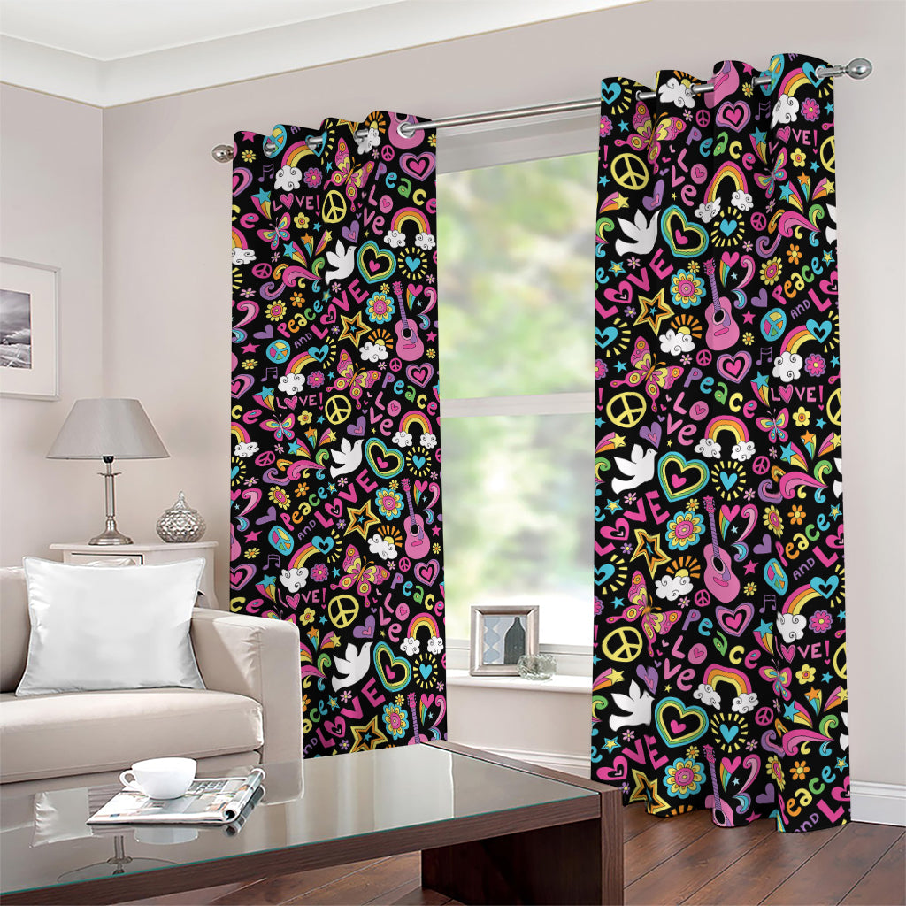 Hippie Peace Sign And Love Pattern Print Blackout Grommet Curtains