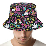 Hippie Peace Sign And Love Pattern Print Bucket Hat