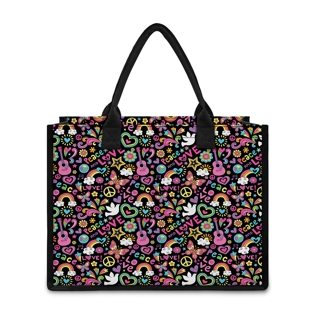 Hippie Peace Sign And Love Pattern Print Canvas Tote Bag