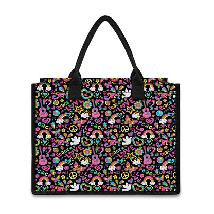 Hippie Peace Sign And Love Pattern Print Canvas Tote Bag