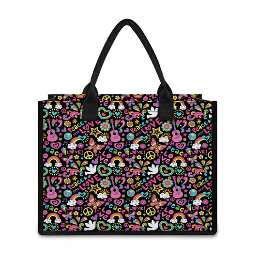 Hippie Peace Sign And Love Pattern Print Canvas Tote Bag