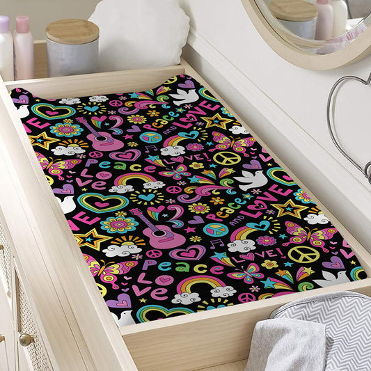 Hippie Peace Sign And Love Pattern Print Changing Pad Cover