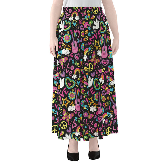 Hippie Peace Sign And Love Pattern Print Chiffon Maxi Skirt