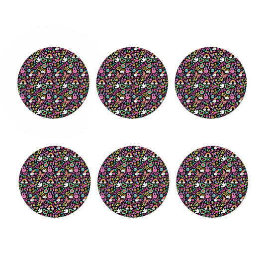 Hippie Peace Sign And Love Pattern Print Coaster Set