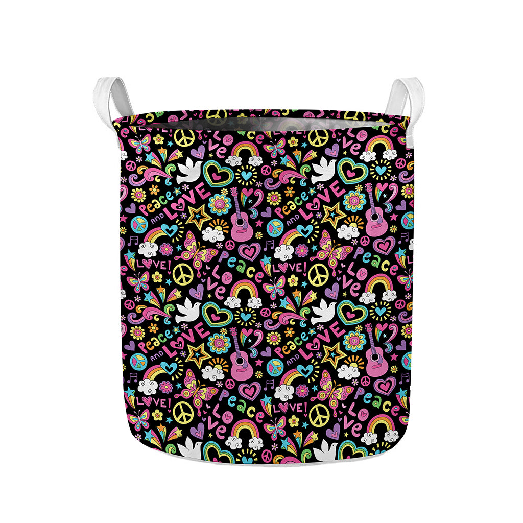 Hippie Peace Sign And Love Pattern Print Collapsible Laundry Basket