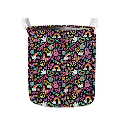Hippie Peace Sign And Love Pattern Print Collapsible Laundry Basket