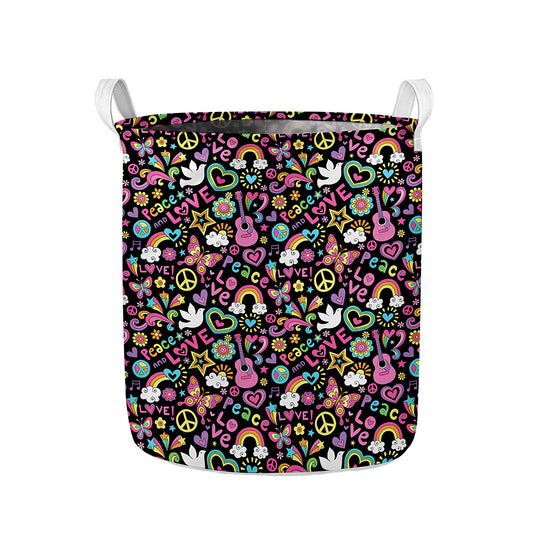 Hippie Peace Sign And Love Pattern Print Collapsible Laundry Basket
