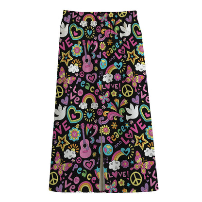 Hippie Peace Sign And Love Pattern Print Cotton Front Slit Maxi Skirt