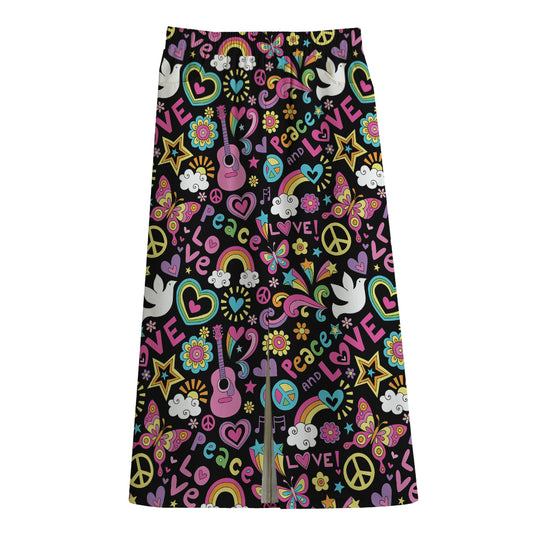 Hippie Peace Sign And Love Pattern Print Cotton Front Slit Maxi Skirt