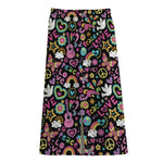 Hippie Peace Sign And Love Pattern Print Cotton Front Slit Maxi Skirt