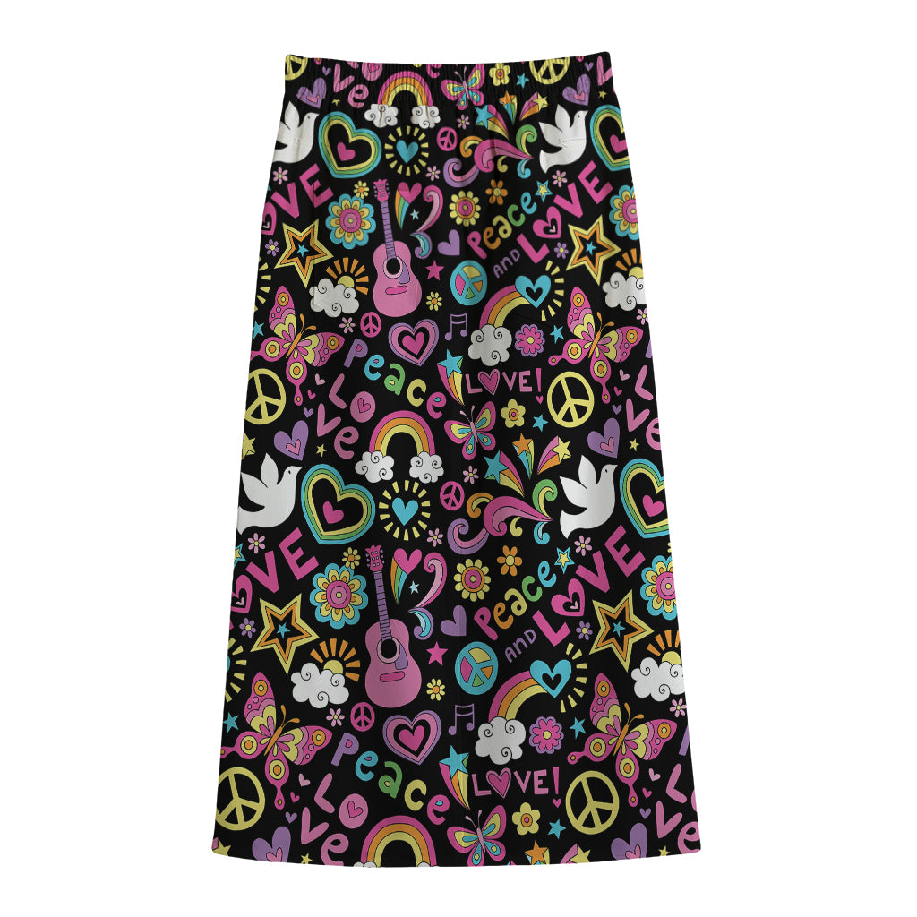 Hippie Peace Sign And Love Pattern Print Cotton Front Slit Maxi Skirt