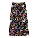 Hippie Peace Sign And Love Pattern Print Cotton Front Slit Maxi Skirt
