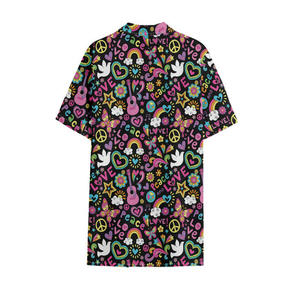 Hippie Peace Sign And Love Pattern Print Cotton Hawaiian Shirt