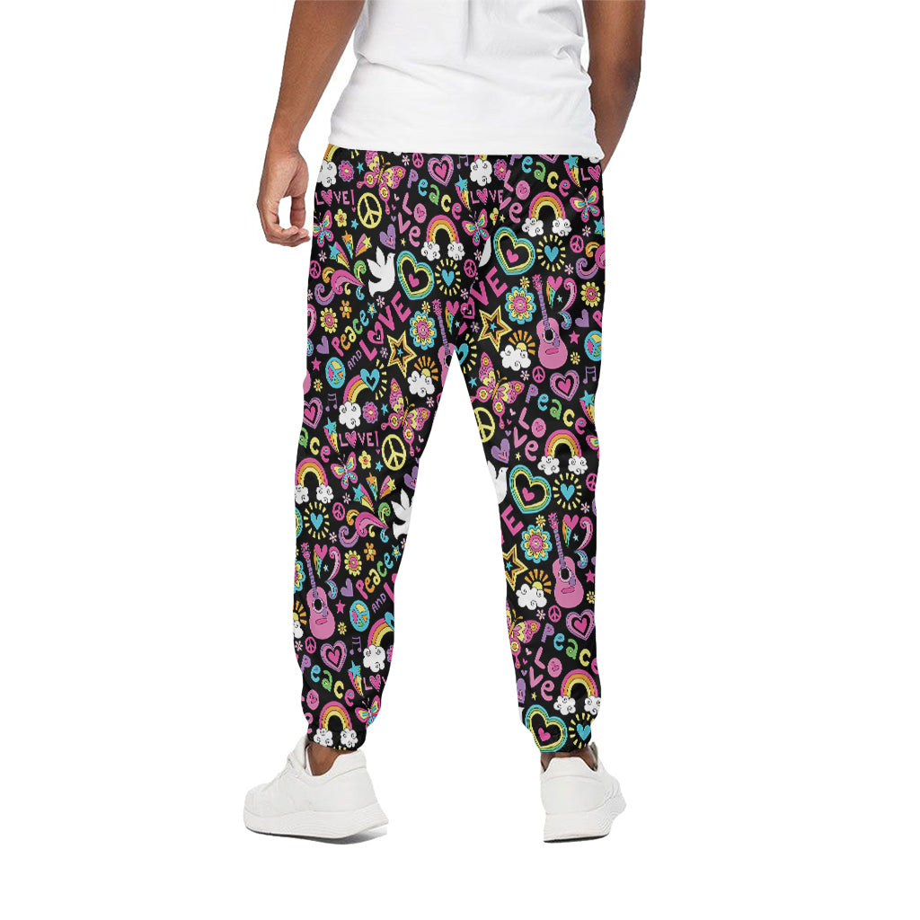 Hippie Peace Sign And Love Pattern Print Cotton Pants