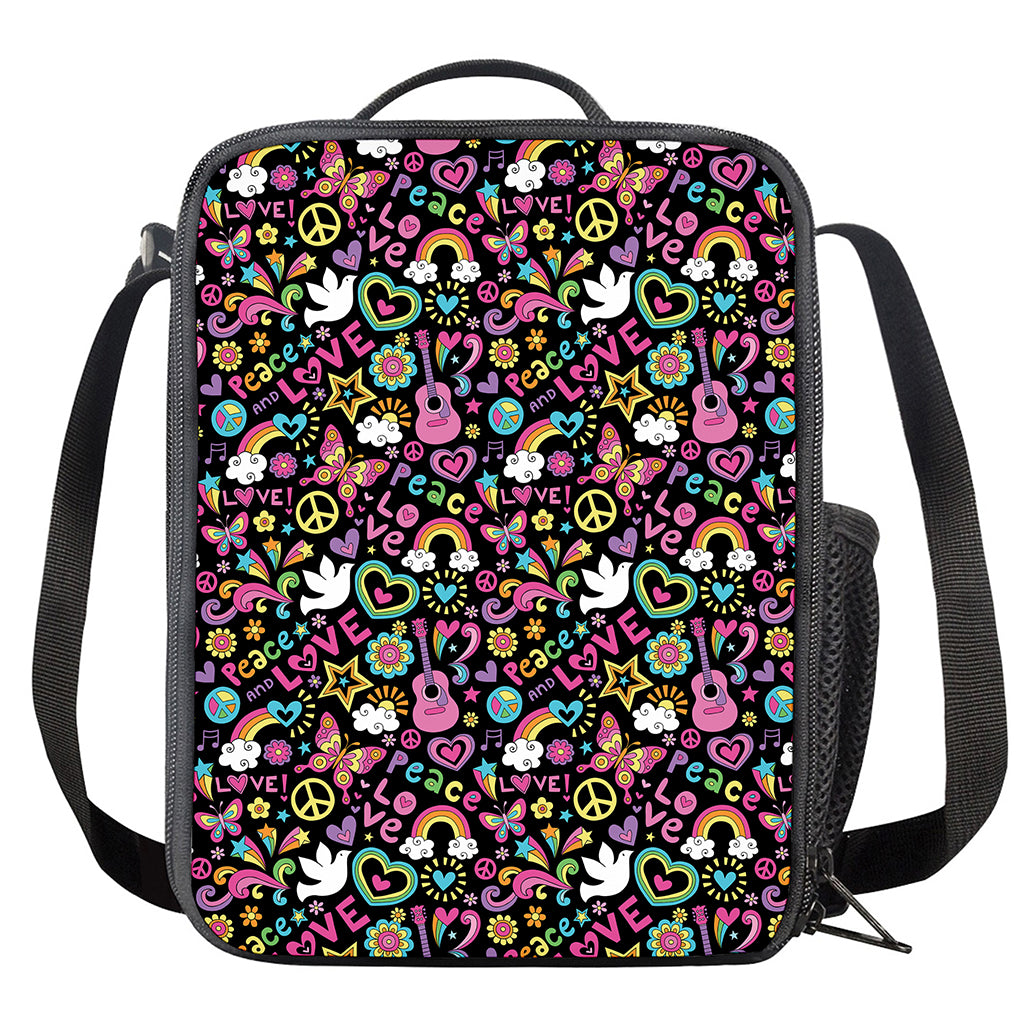Hippie Peace Sign And Love Pattern Print Crossbody Lunch Bag
