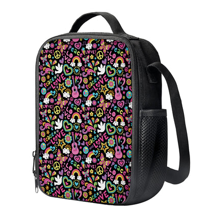 Hippie Peace Sign And Love Pattern Print Crossbody Lunch Bag