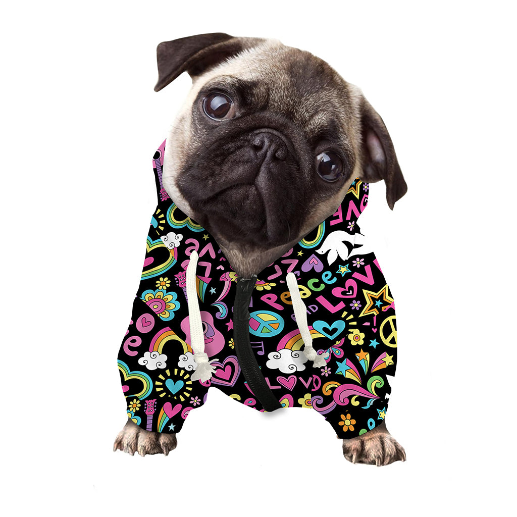Hippie Peace Sign And Love Pattern Print Dog Zip Up Hoodie