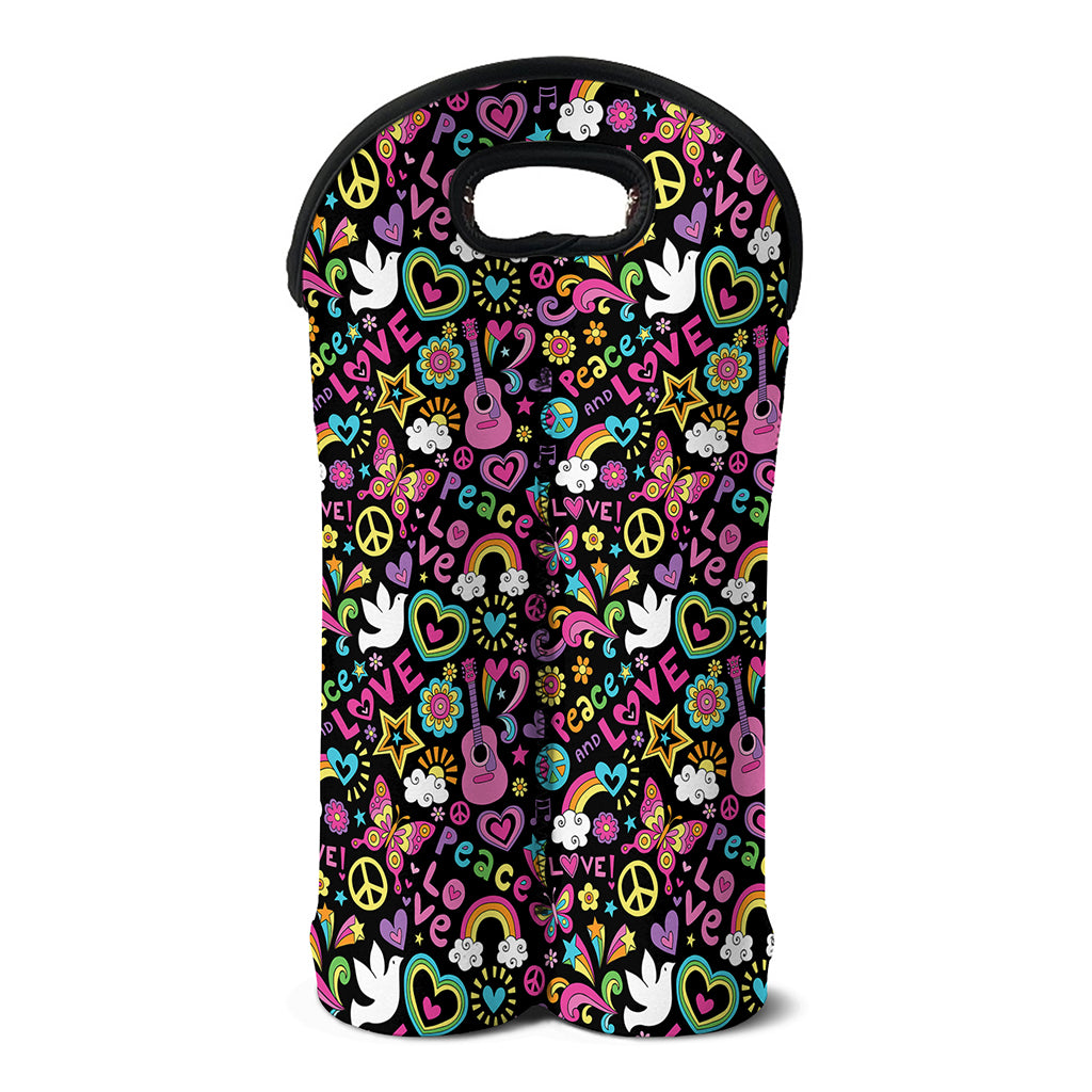 Hippie Peace Sign And Love Pattern Print Double Neoprene Wine Tote