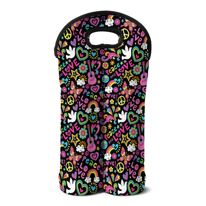 Hippie Peace Sign And Love Pattern Print Double Neoprene Wine Tote