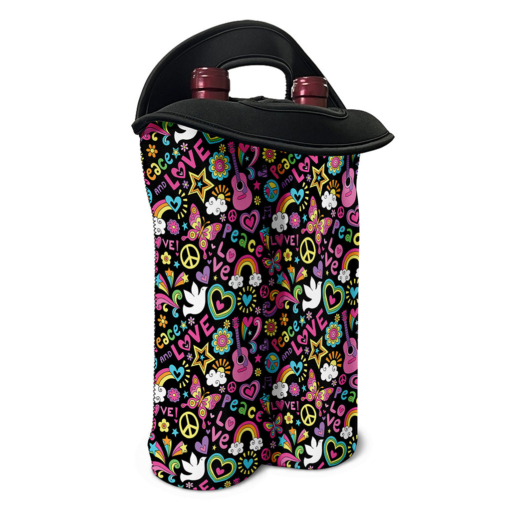 Hippie Peace Sign And Love Pattern Print Double Neoprene Wine Tote