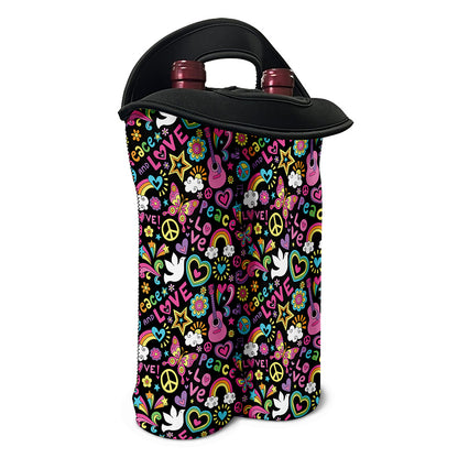 Hippie Peace Sign And Love Pattern Print Double Neoprene Wine Tote