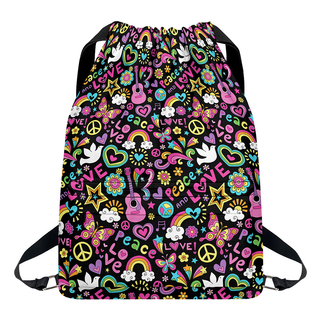 Hippie Peace Sign And Love Pattern Print Drawstring Backpack