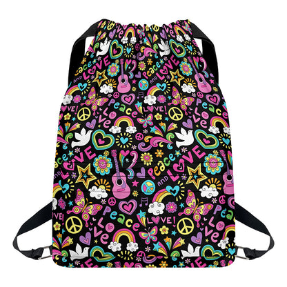Hippie Peace Sign And Love Pattern Print Drawstring Backpack