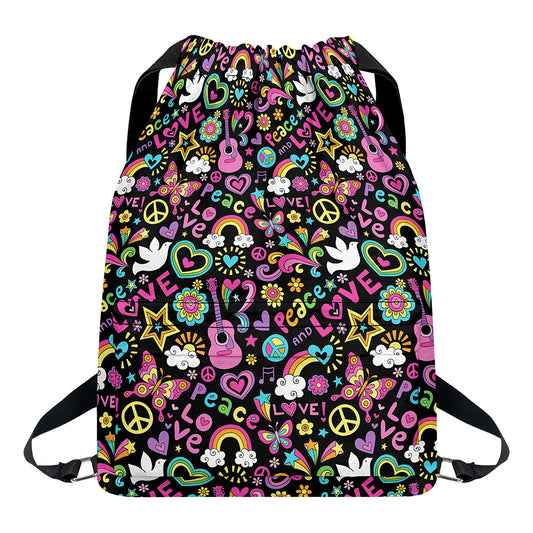 Hippie Peace Sign And Love Pattern Print Drawstring Backpack