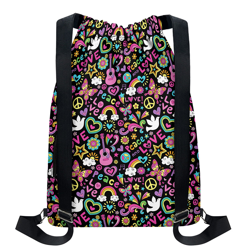 Hippie Peace Sign And Love Pattern Print Drawstring Backpack