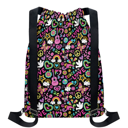 Hippie Peace Sign And Love Pattern Print Drawstring Backpack