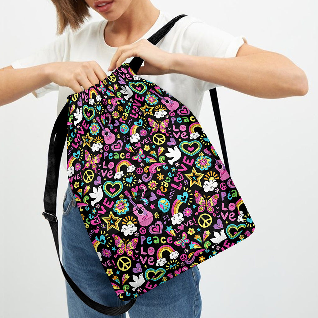 Hippie Peace Sign And Love Pattern Print Drawstring Backpack
