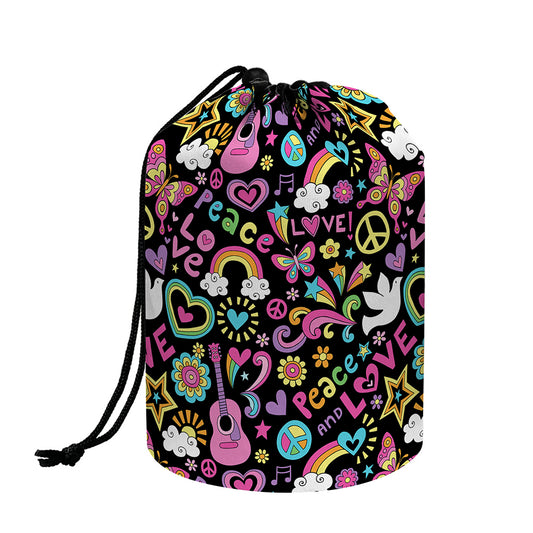 Hippie Peace Sign And Love Pattern Print Drawstring Makeup Bag