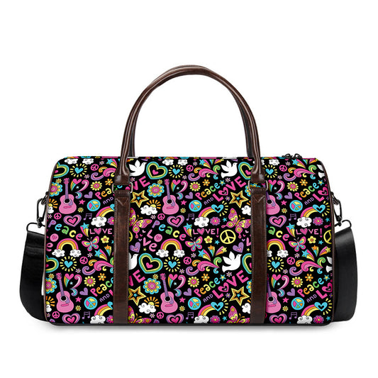 Hippie Peace Sign And Love Pattern Print Duffle Bag