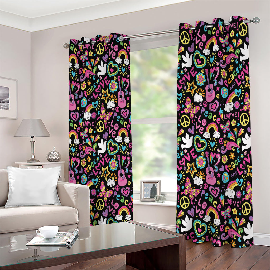 Hippie Peace Sign And Love Pattern Print Extra Wide Grommet Curtains