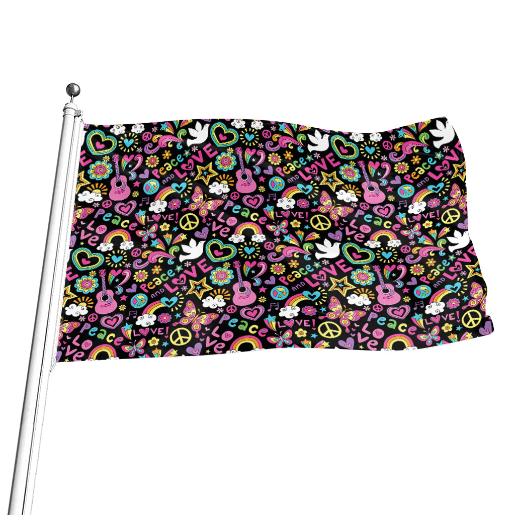 Hippie Peace Sign And Love Pattern Print Flag