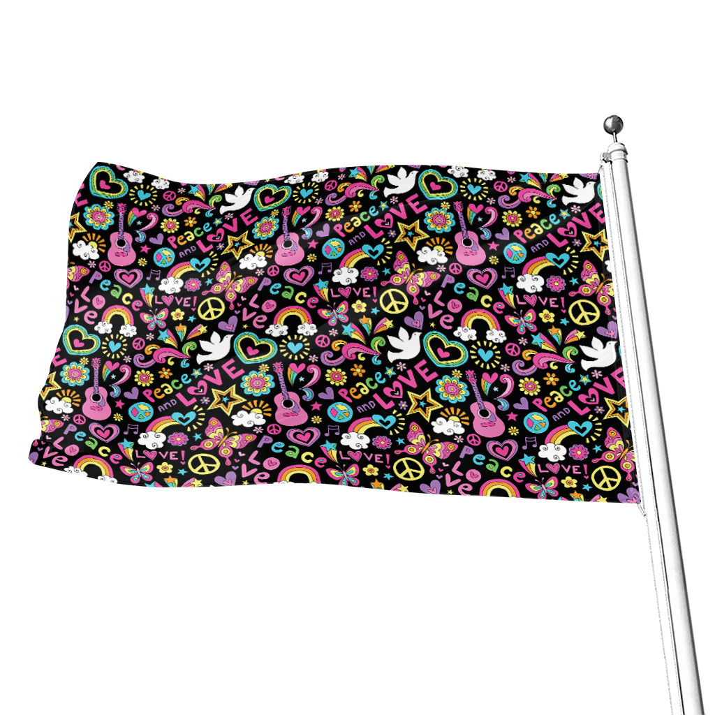 Hippie Peace Sign And Love Pattern Print Flag