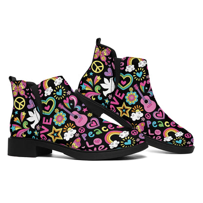 Hippie Peace Sign And Love Pattern Print Flat Ankle Boots