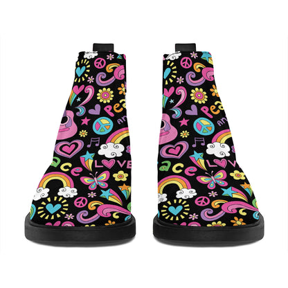 Hippie Peace Sign And Love Pattern Print Flat Ankle Boots